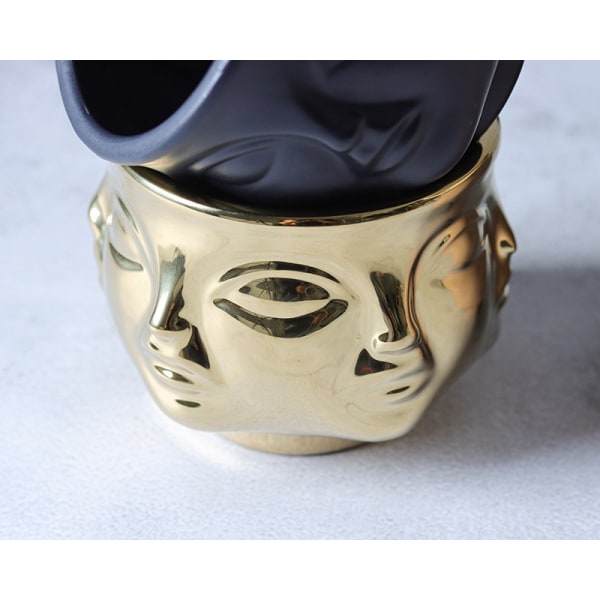 Dekorativ keramikskål i guld med ansiktsmönster, smyckeshållare och nyckelhållare, inredningsvas för vardagsrum