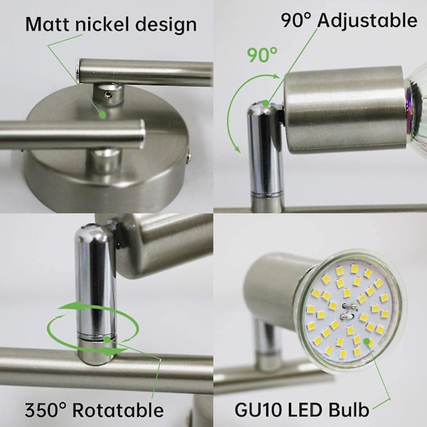 LED Taklampe med 4 Justerbare Spotlys, 46W GU10 Pærer, 4500K 550lm Nøytral Hvit Takspotlys, Moderne LED Spotlys Armatur For Kjøkken, Hall