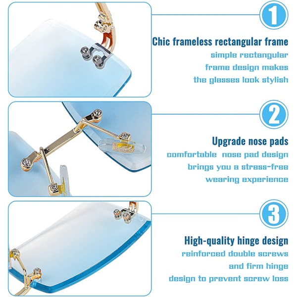 4 Pakkant Rimløse Rektangulære Solbriller Vintage Rimløse Briller Retro Solbriller Metalramme Briller Til Mænd Kvinder Grå Transparent Blå Gray transparent blue