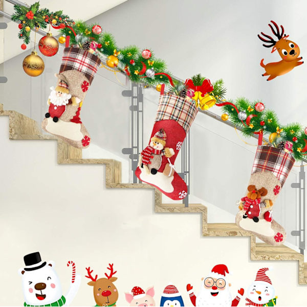 Julstrumpor, 3-pack julgåvosäckar, hängande julstrumpor med tomte, ren och snögubbe juldekoration för eldstadsträ