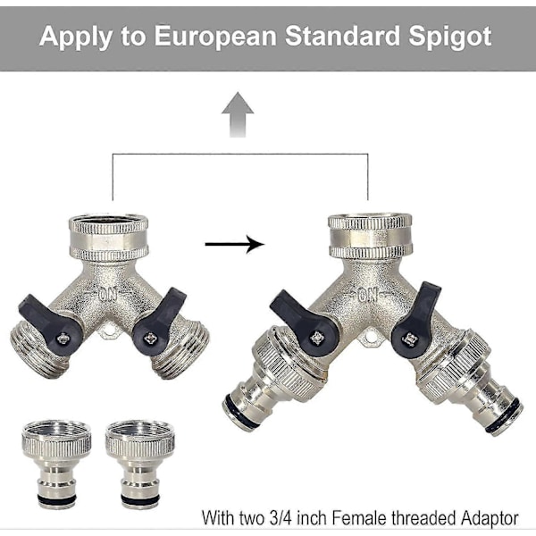 RYO_2-veis hageslangesplitter, 2-veis krankobling med individuell av/på og to hurtigkoblinger, 3/4\" krank Y-splitter messing slangekobling - Sølv