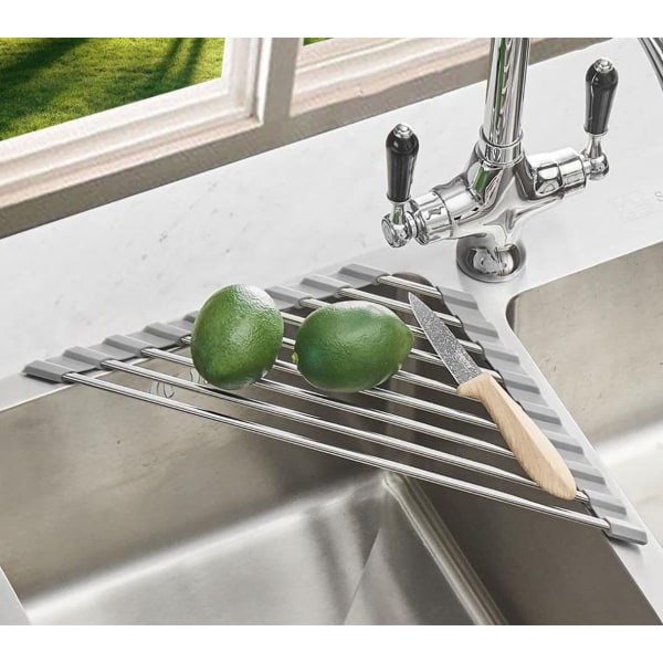 Lite trekantet opprullbart oppvaskstativ med silikonbelegg Ramme i rustfritt stål for oppvaskhjørner, flerbruks over-vasken kjøkkenavløp
