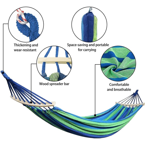 Campinghængekøje i lærred, robust og holdbart stof 300 kg bæreevne med anti-rulle bjælker, bærbar taske, nylonstropper, til rejser, strand, have, vandretur