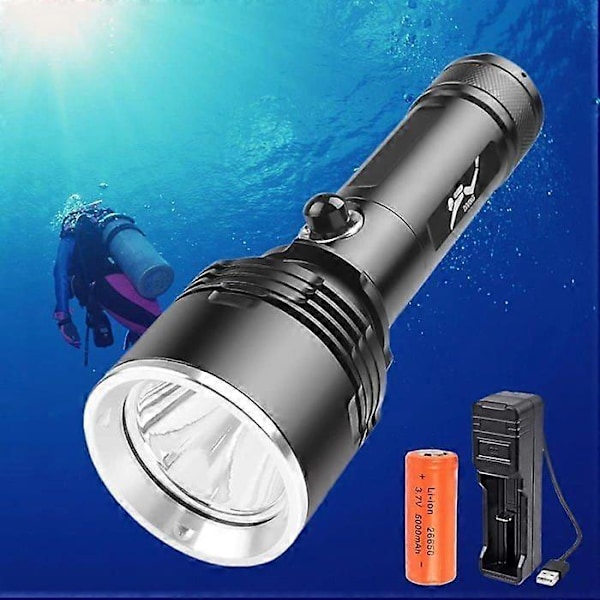 Dykkelykt, Undervanns dykkerlykt, Supersterk 5000 lumen med 3 moduser, med 26650 batteri og lader