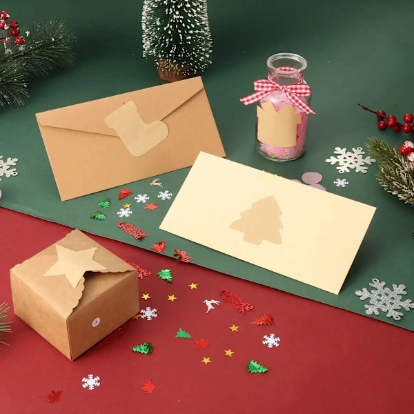 300 Stykker Julegavepapirklistermærker Brune Julemærker Etiketter Juletema Navnemærker, 2,5 x 2,5 Tommer, 4 Mønstre