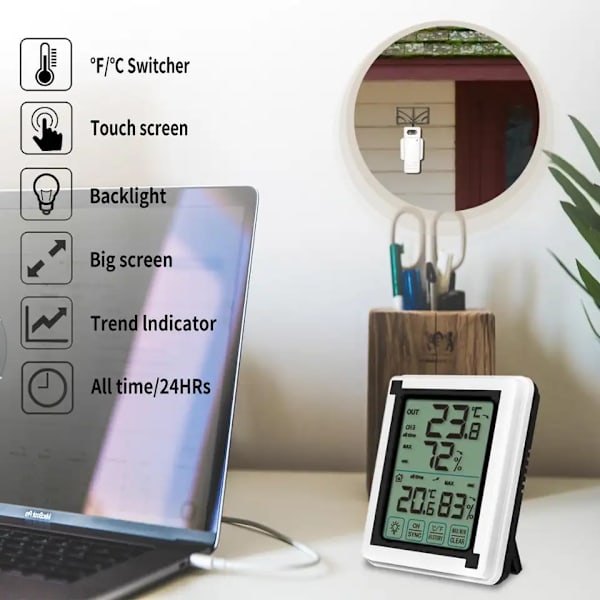 Digital Hygrometer Indendørs Termometer Luftfugtighed med Berøringsskærm og Baggrundsbelysning, Temperatur- og Luftfugtighedsovervågning, Stor LCD-Skærm, Min/Maks Optegnelser