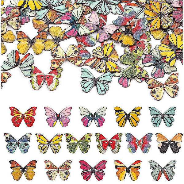 Fargerike sommerfuglknapper av tre 200 stk 2 hull Sommerfuglknapper av tre Dekorative håndverksknapper som er kompatible med gjør-det-selv-sying