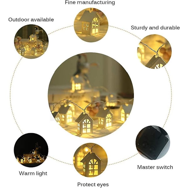 Julbelysning, 2m 10-LED Trähus Fairy Lights Rum Dekoration Varmvit, Batteridriven (ingår ej)