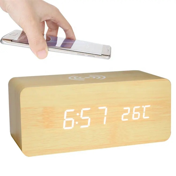 Digital Träväckarklocka med Trådlös Laddning, Dimmer, Dubbel Alarm, Vardag/Helg-läge, Trä LED-Klockor för Sovrum, Sängbord, Skrivbord, Barn (Vit