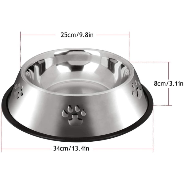 2 Rustfrie Stål Hunde skåle med Skridsikker Gummibund, Dyrefoder Skål og Vandskål (Bund: 34cm, Skåls Mund: 26cm)