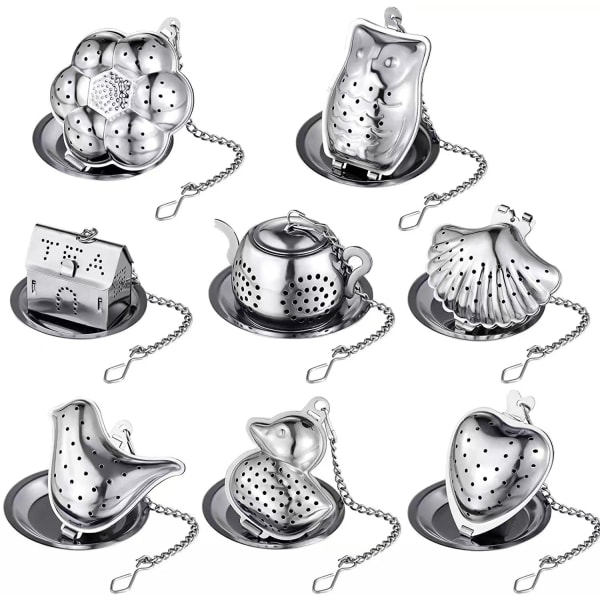 8-pack teinfusers för löst te Tesilar i rostfritt stål Filtrerar Mesh tebollstötare med droppbricka, förlängd kedjekrok för bryggte L