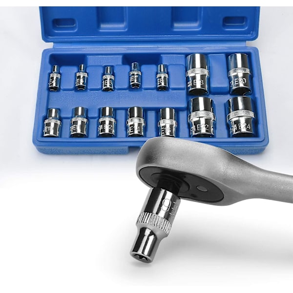 Sett med 14 kvinnelige Torx E4 - E24 stikkontakter på skinne 1/4\", 1/2\", 3/8\"