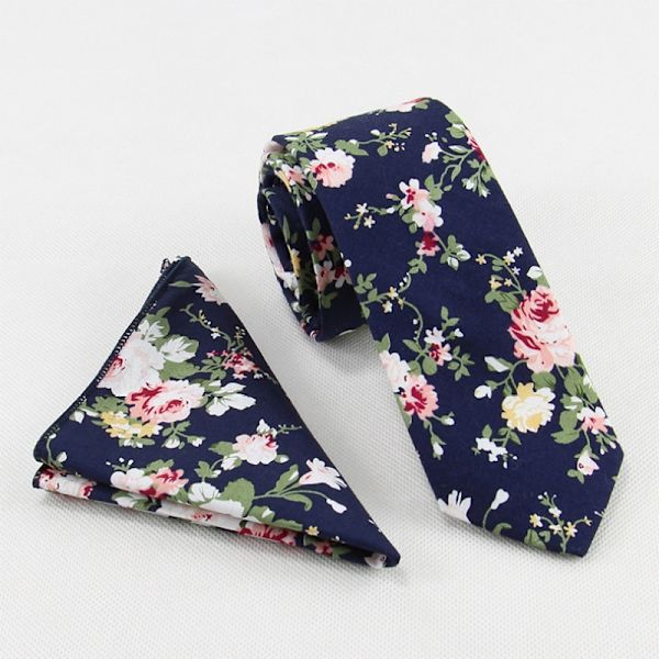 Herrar Casual Smal Blommig Slips Kombo Set med Blommig Fickduk Bomulls Slips Handgjord Slips Set (2 st)