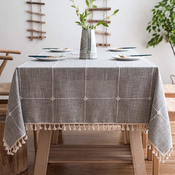 Damm- och smutsavvisande bordsduk med fransar, rektangulär, för köksbord och soffbord, (140x180cm, Rutiga grå)