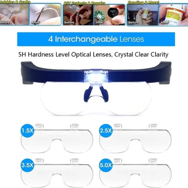 Genopladelige forstørrelsesbriller, hovedforstørrelsesglas med 2 LED-lys og aftagelige linser 1,5X, 2,5X, 3,5X,5X