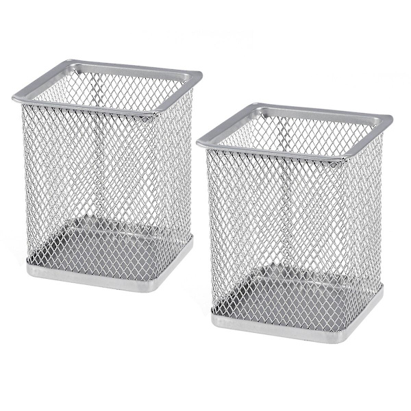 2 stk. Metal Pen Pot Kvadratisk Mesh Blyantsholder Beholder Organizer (sølv)Sølv Silver