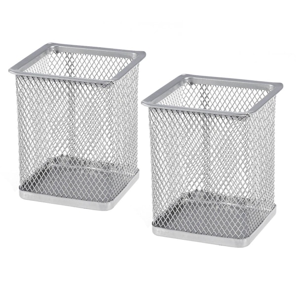 2 stk Metallpennbeholder Kvadratisk Mesh Blyant Holder Beholder Organizer (sølv)Sølv Silver
