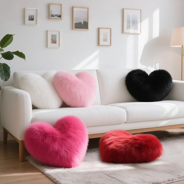 Hvid hjerteformet pyntepude, blød fluffy imiteret pels dekorativ pude til seng sofa, plys gave til Valentinsdag, 20 x 16 tommer