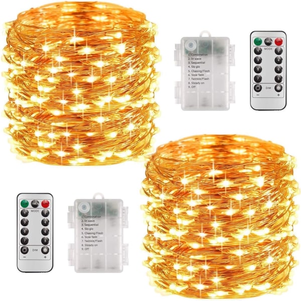 Julepynt romdekorasjon belysning kobbertråd lampe streng + vanntett batteriboks + fjernkontroll 10 meter 100 lys 2 stk varm hvit