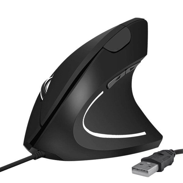Kablet vertikal USB-mus, 6 knapper med 1000/1600 DPI, høyrehendt design, svart