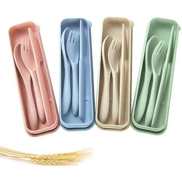 Bærbart gjenbrukbar solid 4-delt bestikk i hvetehalm (blå + rosa + grønn + beige)