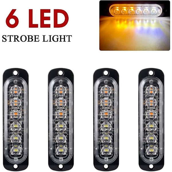 4 Pak 12-24v Nødstrobe Advarselslysbarer - 6 LED Blinkende Advarselslysstrimler Til Lastbil, Motorcykel, Bil - Gul & Hvid