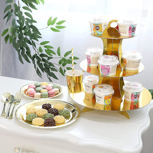 Förpackning med 4 runda cupcake-ställ i kartong, 3-vånings guld cupcake-hållare för bröllop, födelsedagsfest, examen