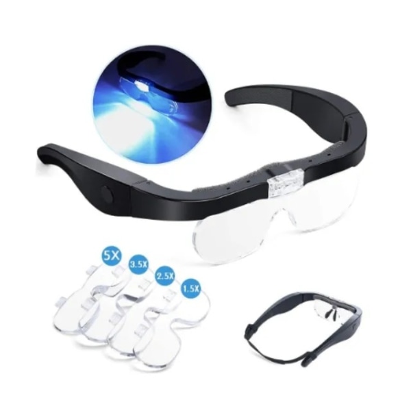 Genopladelige forstørrelsesbriller, hovedforstørrelsesglas med 2 LED-lys og aftagelige linser 1,5X, 2,5X, 3,5X,5X