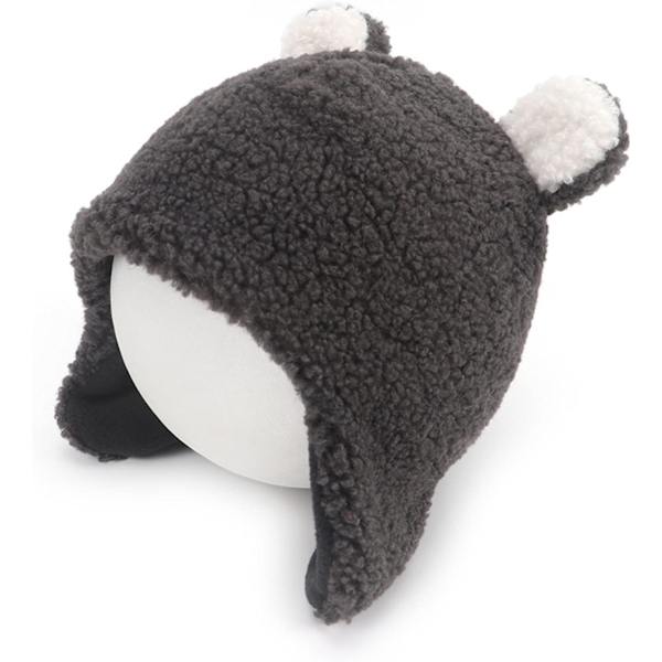 Vintermössa, Halsduk och Vantar för Barn, Flickor, Stickad Beanie-Set, Tjock och Varm, Söta Öronpompom (Mörkgrå + Vit)