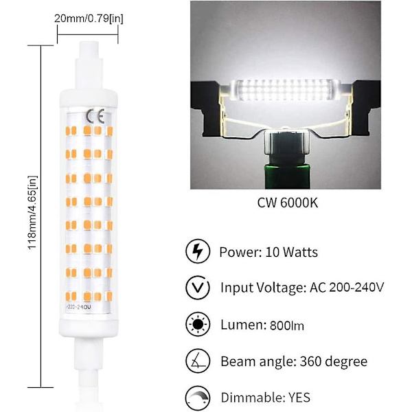 10W Dæmpbar R7s 118mm LED Pærelampe Kold Hvid 6000K AC200-240V LED Lineær Spotlight Ækvivalent Til 48 50 80W Halogen Pære Til Stue