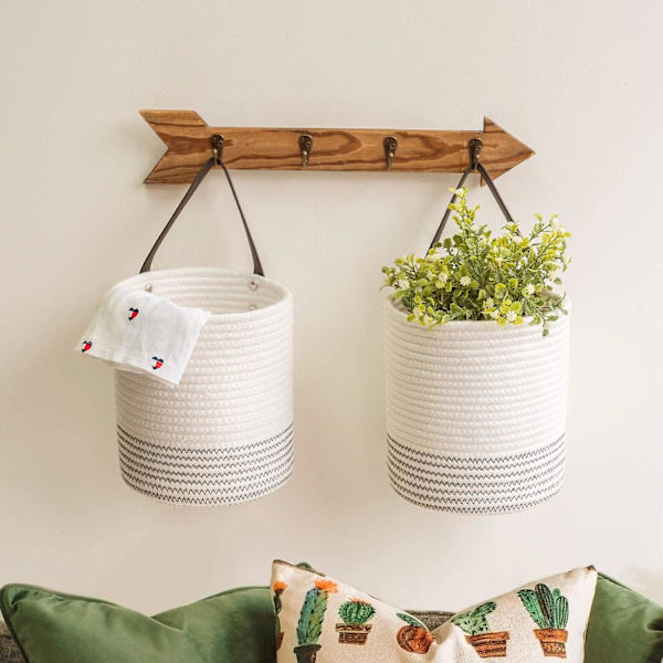 2-pack Hängande Korg - 7.87\" X 7\" Liten Vävd Fern Hängande Repkorg Blommor Växt Väggkorg Dekor Set BohoVit Med Söm White With Stitch