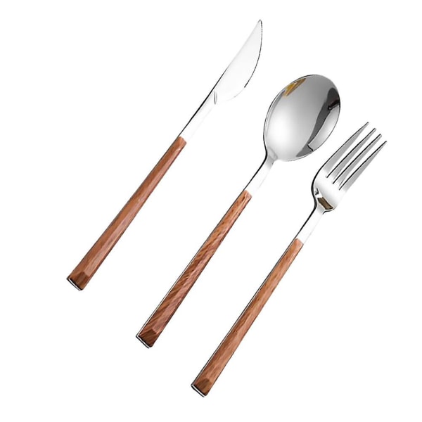 3-delt bestikksett i rustfritt stål, bærbart spisebord, imitert trehåndtak, gaffel, skje, stekkniv, fruktbestikksett (kniv + skje + gaffel)