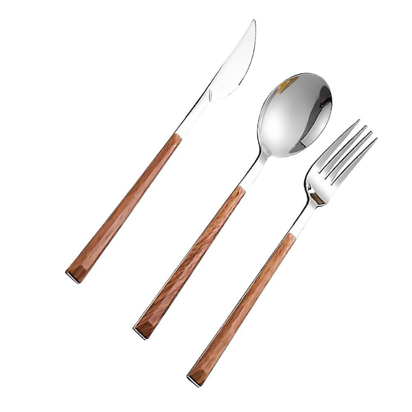 3 stk. Rustfrit Stål Bestik Sæt Bærbar Spisebestik Imitation Træhåndtag Gaffel Ske Steak Cutter Frugt Bestik Sæt (cutter + Ske + Gaffel)