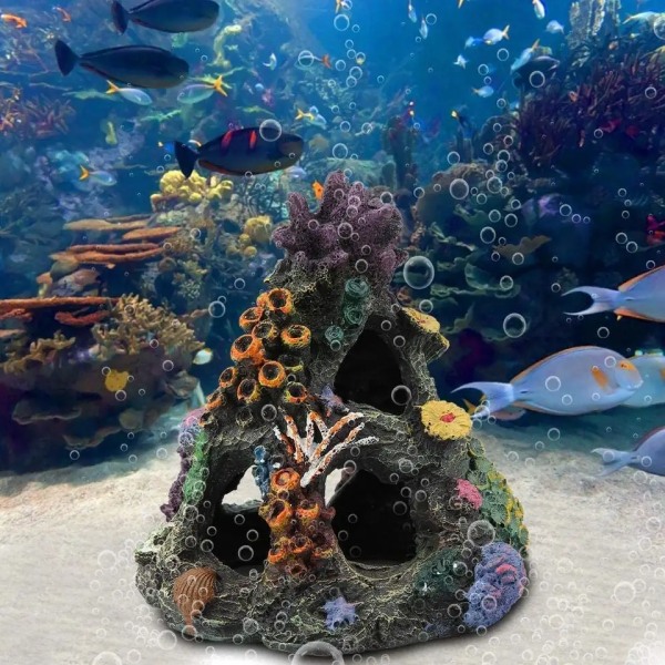 Koralkorals Reef Dekoration til Akvarium - Harpiks Fiskekum Mountain Cave Ornamenter Betta Fisk Søvn Hvile Hus Skjul Leg Avls…