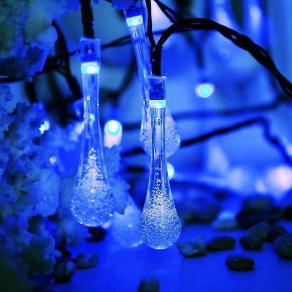 Blå Solar Drop Lights, Water Drop Fairy Lights 20ft 30leds Solar Water Drop Vattentät för utomhus, trädgård, juldekorationer