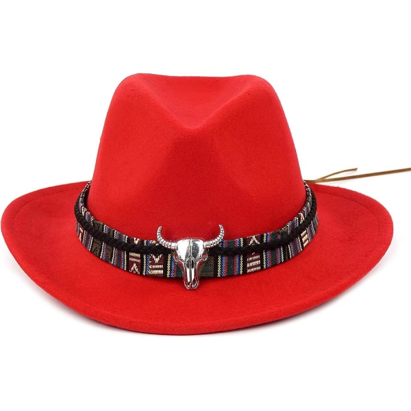 Unisex Crushable Cowboy Hat Western Cowgirl Outback Hat Cattleman Fedora Med Braided Band Og Tyrenskalle Rød Red