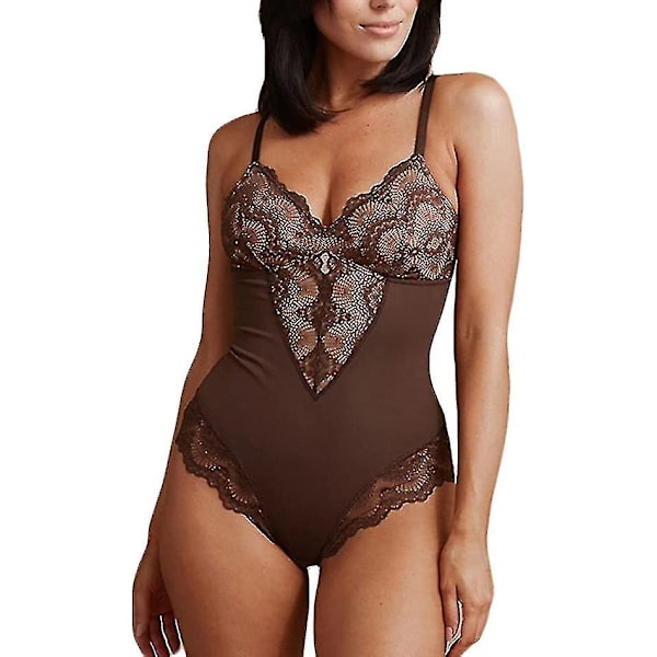 Spetsbody för Kvinnor Magkontroll Shapewear V-ringad Rygglös Camisole Ärmlös Slankare TopparXLBrun XL Brown