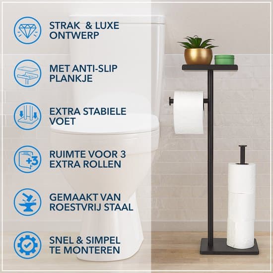 Fritstående toiletpapirholder 3 i 1 med hylde og opbevaring til reservepapir, ingen boring, rustfrit stål gulvstativ til badeværelset, sort