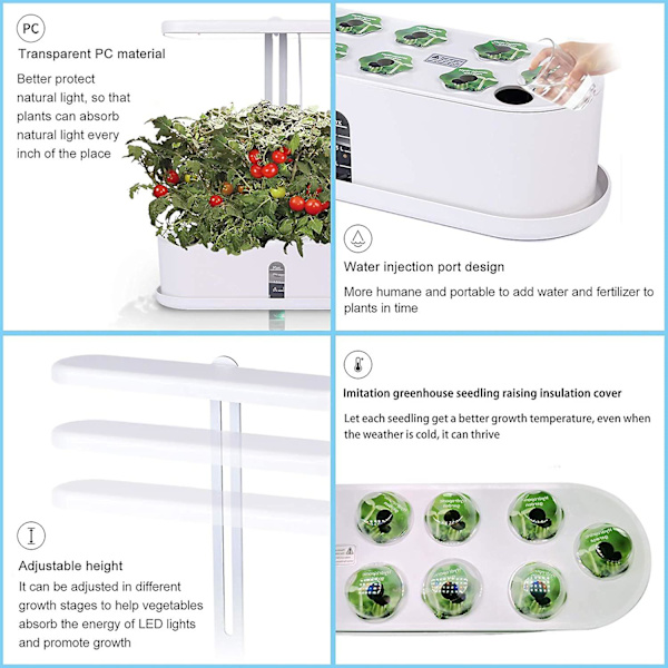 Hydroponiskt Odlingssystem, 10-pods inomhus örtträdgårdssats med LED-växtlampa, Smart trädgårdsplanterare med 16 timmars timer för LED-belysning och bevattningssystem