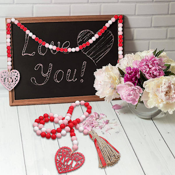 2 stycken hjärtformade träpärlor för Valentinsdag, hängande girlander, lantliga pärlgirlander, bönegirlander