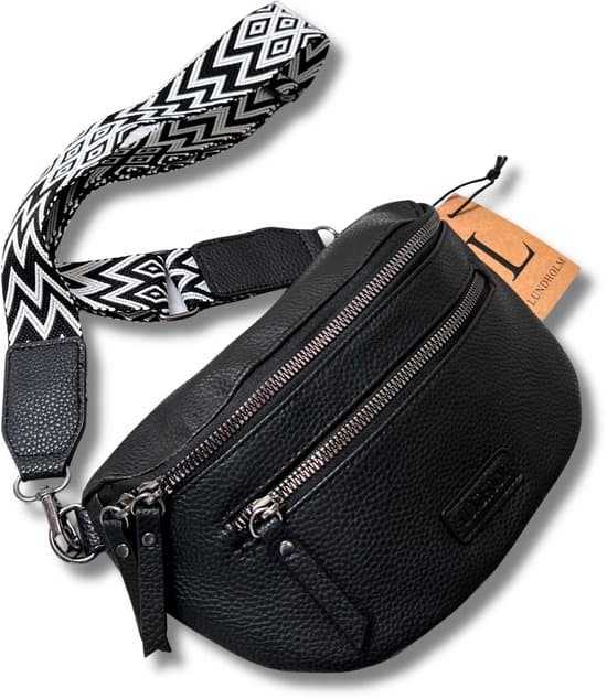 Lundholm Crossbody-väskor för kvinnor, midjeväska i PU-läder med bred gitarrrem och stöldskyddsficka, svart, present till henne