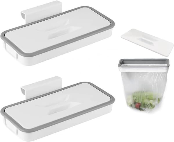 2-pack hängande soppåsehållare med lock, hållbar plast, borrfri design för kök, camping och resor, vit