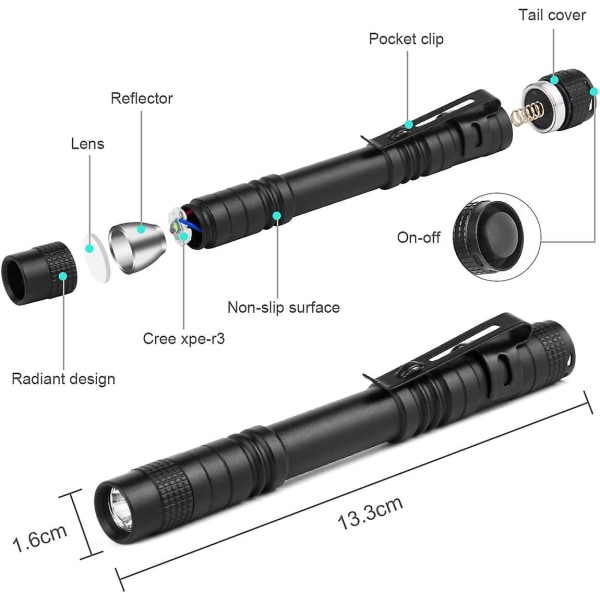 Mini LED Lommelykt, 2 stk Arbeidslykt, 200 Lumen Bærbar Vanntett Pennelykt For DIY, Arbeid Og Nødbelysning, 2*AAA Batterier