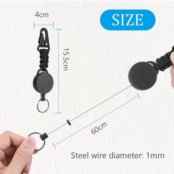 4 stk. Heavy Duty Retractable ID-kortholder Nøkkelrulle med sinklegering karabinkrok, nøkkelring, 25,5” snor, holder opptil 15 nøkler