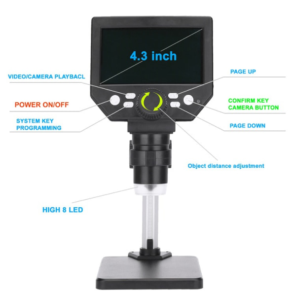Digitalt Mikroskop 4,3 Tommer HD 1000X 10MP Kamera 8 LED Lys USB Professionelt Bærbar Elektronisk Mikroskop til Urreparation (Vogne
