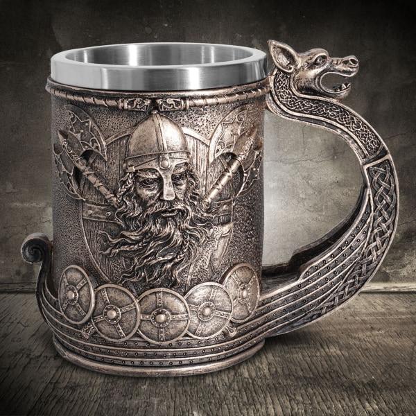 Rustfrit Stål Middelalderlig Nordisk Vikingsskib Øl Kaffe Krus Bronze Farve Vikingkriger Drikkekrus til Kollektiv Gave