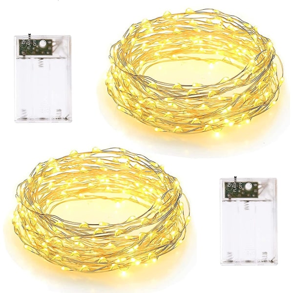 2-pack 10m LED-ljusslingor, 2 ljuslägen, batteridrivna, 100 LED, silvertråd, för sovrum, vägg, julparty, bröllop, födelsedag, dekoration