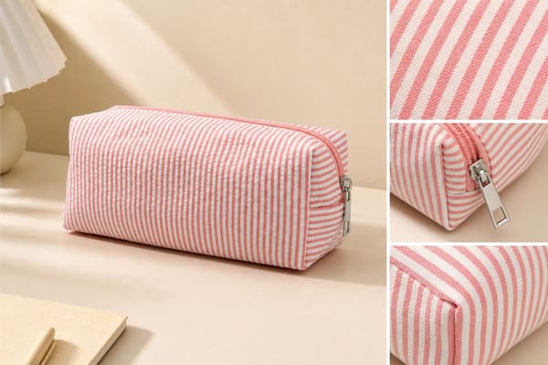 Stor penalhus, slidstærkt polyester, rummelig opbevaring med lynlås, til skole og kontor, lyserøde og hvide striber, 21x7,5x8 cm