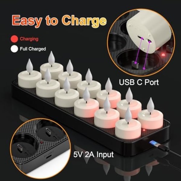 PChero Oppladbare LED Telys 12-pakning - Fjernkontroll & Timer for Fest/Dekorasjon 12 stk med ladestasjon 12pcs with charging base_RY