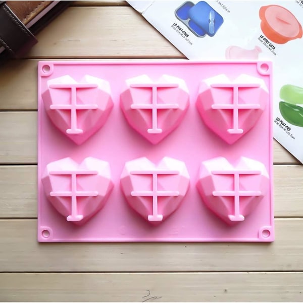Silikonform i hjärtform, 6 former i hjärtform, chokladform, alla hjärtans dag, muffinsform, bakpanna, godisform (rosa)